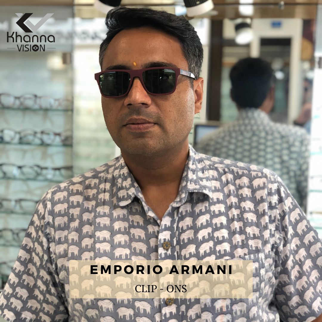Customer wearing Emporio Armani clip-on sunglasses